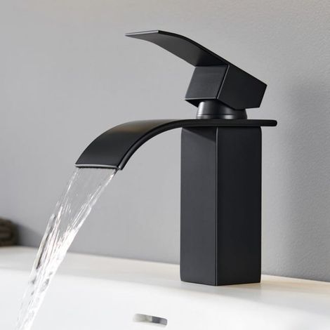 Mitigeur lavabo cascade noir mat – Laiton, poignée unique – Économie eau – Robinet salle de bain (1/5)