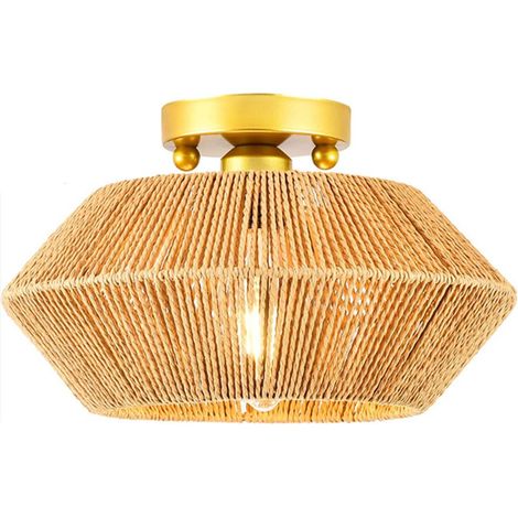Plafonnier de 31 cm, plafonnier semi-encastré style bohème, lustre de ferme avec abat-jour en osier tissé, décoration de plafonnier rustique (1/5)