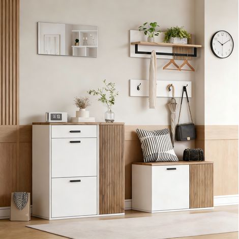 Ensemble d'entrée 5 pièces avec meuble à chaussures, banc et miroir blanc et chêne OKMYHOME (1/5)