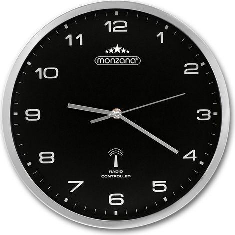 Monzana Wanduhr Funk Automatische Zeitumstellung Geräuscharm Quarzuhrwerk Analog 31 cm Indoor Funkuhr Uhr Schwarz Silber