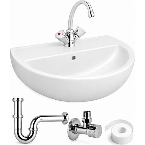 BADfabrik24 GEBERIT Paris Waschtisch-Komplettset 600 × 455 mm weiß inkl. Edition One Zweigriff-Armatur chrom, Siphon & Montagezubehör (1/5)