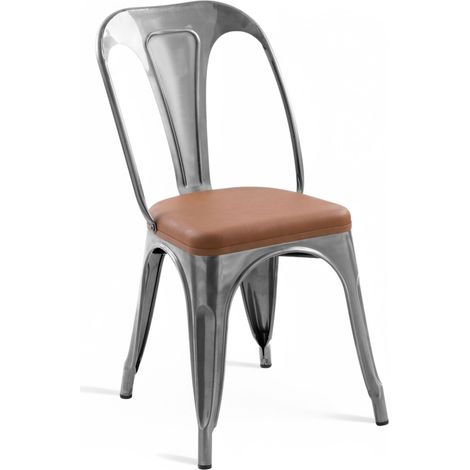 ORION91 Silla VERSO EDITION Cromo Mate y Asiento Marrón Cuero Sintético Alta Calidad Apilable (84x43x45 cm) Estilo Industrial Antideslizante Comedor Hostelería Oficina Cocina - SpazioLuzio - Pack x4 (1/5)