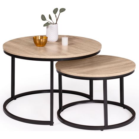 Idmarket – Lot de 2 tables basses gigognes rondes 54/70 – Structure métal noir – Plateau bois – Style industriel – Imbricables pour gain de place