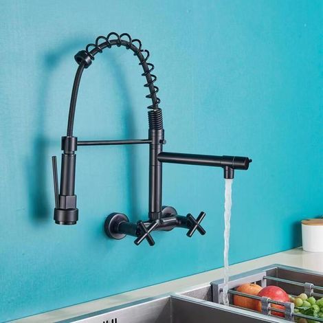 Grifo de cocina empotrado en la pared con caño extraíble, grifo de fregadero giratorio de 360° con 3 modos de rociado, color negro. (1/4)