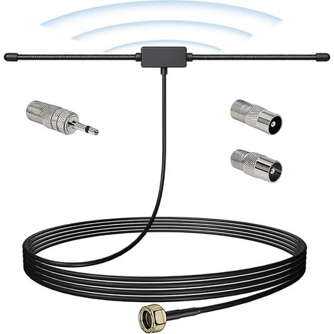 Antenne FM Dab Radio 75 Ohms Dipôle avec Connecteur Type F, 3M Câble Extension, Compatible avec Wave Système Récepteur Radio Portable Tuner Stéréo AV Amplificateur HiFi, 3 Adaptateurs (1/5)