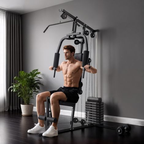Station de musculation avec 9 blocs de poids de 5 kg chacun, soit 45 kg au total, pour un entraînement complet - 200 x 135 x 103 cm (1/5)