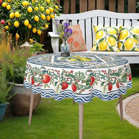 Nappe ronde rouge et blanche à imprimé citron, 1 pièce, idéale pour les pique-niques et autres occasions spéciales. Nappe anti-rétrécissement pour les repas de famille et autres occasions. (1/4)