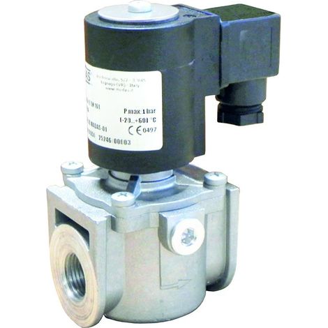 In Ruhestellung geschlossenes 1"-Magnetventil für 500 mbar, gespeist mit 230V AC, ohne Spule und Stecker.