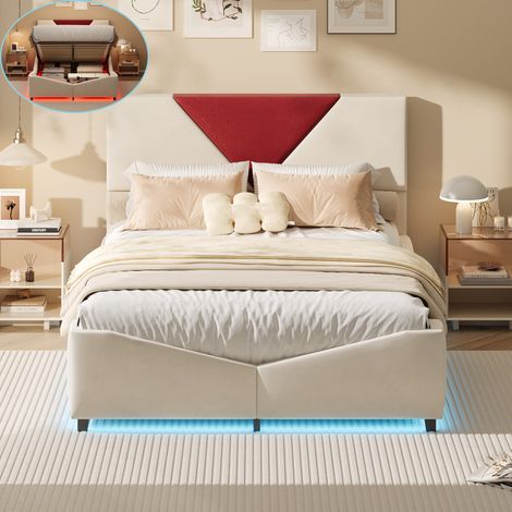 Lit Coffre 140x190 CM, Lit Double avec Éclairage LED, Cadre de lit avec Tête de Lit capitonné et Rangement, Sommier à Lattes en Bois, velours Beige, sans Matelas