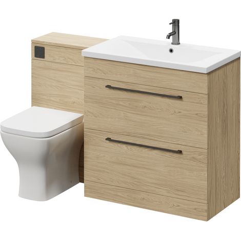 Napoli 460 Light Oak 1300mm 2 Drawer Vanity Unit Toilet Suite with Glide Basin - 1300mm - Gunmetal Grey 480mm HandleWith Kingston Toilet Pan and Seat