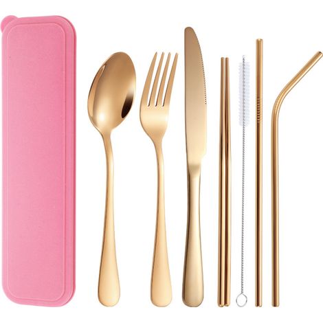 Ensemble de couverts en acier inoxydable, comprenant un couteau portable, une fourchette, une cuillère, des baguettes, une paille et une brosse, sept pièces, idéal pour les employés de bureau et les é (1/3)