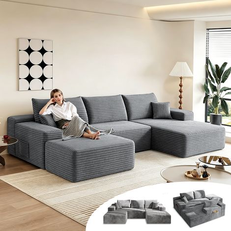 Canapé d’angle 4 places avec fonction lit, canapé modulable en L pour salon, convertible moderne avec 5 coussins, 274L x 175P x 64H cm, gris