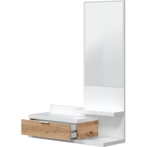 Meuble d'entrée avec miroir et tiroir – Mélamine blanche et chêne nodi – 3 étagères – Dimensions : 121x186x29 cm – Vmo Home (1/5)