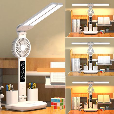 Lampe Multifonction Double LED - Bureau/Chevet avec Horloge Intégrée & Ventilateur, 3 Tons Lumière, Rechargeable par USB, Variateur Tactile (1/5)