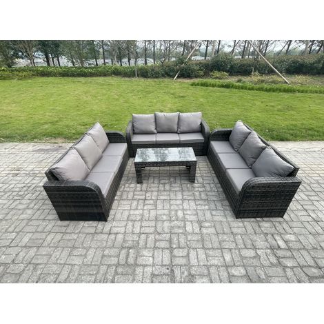 Fimous Outdoor Lounge Sofa Set 9 Seater Rattan Garden Furniture Set with Rectangular Coffee Table 3 Seater Sofa Dark Grey Mixed (1/5)