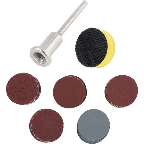 Ensemble de 52 accessoires pour ponceuse électrique : 50 disques de ponçage, un plateau de polissage de 2,5 cm et une poignée rotative de 6,35 mm. (1/5)