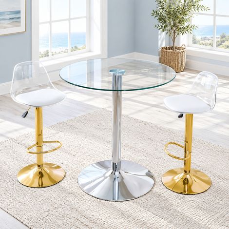 Conjunto mesa de bar + 2 taburetes regulables, vidrio transparente, 89x89x104 cm FloraGrace (1/5)