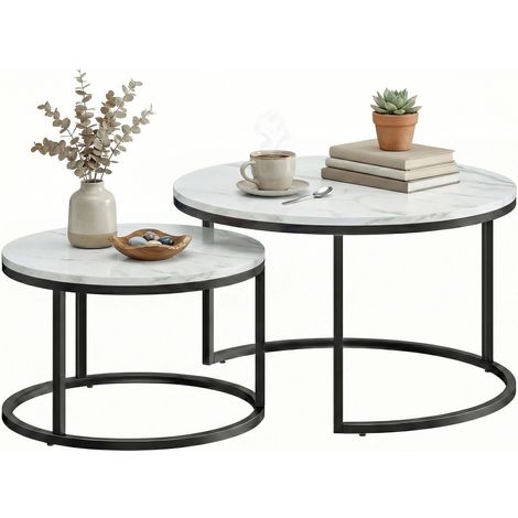 HOMCOM 2 Pcs Stacking Coffee Table Set Steel Frame, Marble White (1/5)