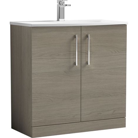 Balterley Modern Bathroom Floor Standing 2-Door Vanity & Curved Basin, Solace Oak, 800mm