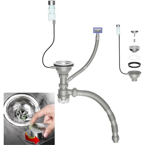 4½" Ensemble de vidange d'évier de Cuisine avec Commande à Bouton-Poussoir,kit de crépine en Acier Inoxydable avec trop-Plein,Tuyau de vidange Flexible pour Cuisines et salles de Bain (1/5)