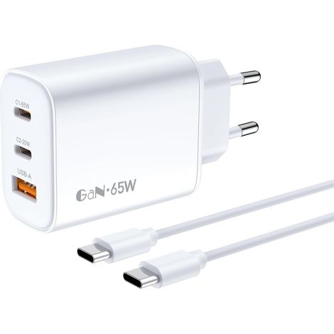 65W Chargeur USB C 3-Ports GaN, Compatible MacBook Air/Pro, iPad Pro/Air 13/10/11, iPhone 17/16/15, Galaxy S26/S25/S24, Pixel, Dell, Adaptateur Rapide PD PPS QC3.0 avec Câble Type C 2M (1/5)