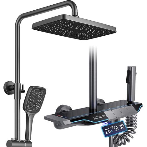 Duschsäulen mit Thermostat LED Digitalanzeige Duschsystem mit Thermostat 4 Funktionen Duschset Wandmontiert Dusche Regendusche Set Duscharmatur Komplettset Grau