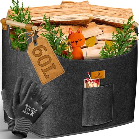 KESSER® Cesto per legna da ardere  Sacco per legna da ardere in Feltro extra Spesso  Pieghevole con manici in legno rinforzati  Cesto di stoccaggio  Guanti da lavoro inclusi / Antracite - 60 litri