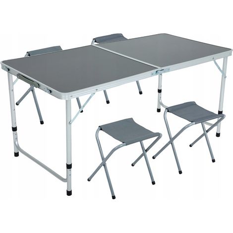 Table de Camping Gris foncé avec 4 Chaises pliantes Grises, Dimensions : L120 x P60 x H70 cm (1/5)