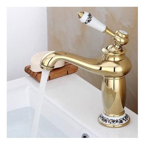 Robinet rétro doré pour salle de bain - En laiton - Mitigeur monocommande avec conduite d'eau et pièces de montage - 14 x 13 x 20 cm (1/5)