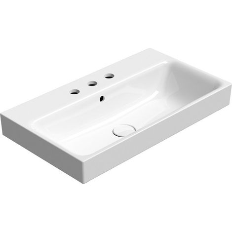 Lavabo en céramique NUBES 70x40cm, 3 trous de robinetterie, blanc ExtraGlaze (1/2)