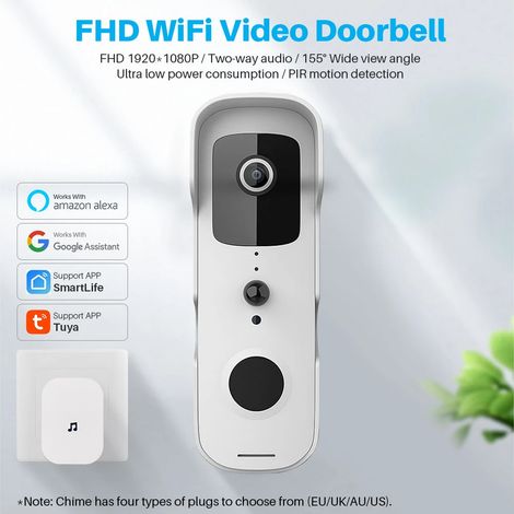 Sonnette vidéo WiFi Tuya 1080P Interphone IP Caméra 2 Voies Audio Compatible Alexa Echo Show Google Home Blanc (1/5)