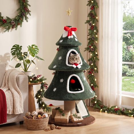 Arbre à Chat de 132 cm Thème de Noël - Tour pour Chats en Peluche avec 2 Cabanes et Échelle en Sisal Vert (1/5)