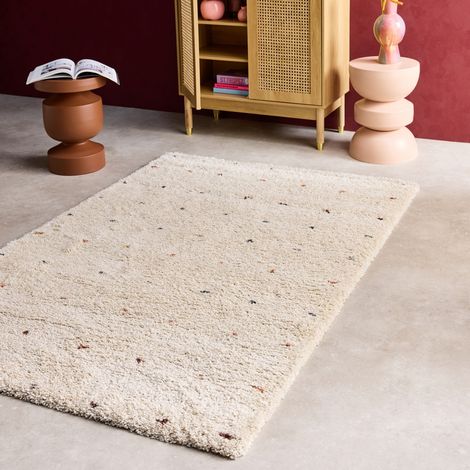 Tapis enfant à petits pois. tapis intérieur crème et multicolore. poils longs shaggy  80 x 150 cm