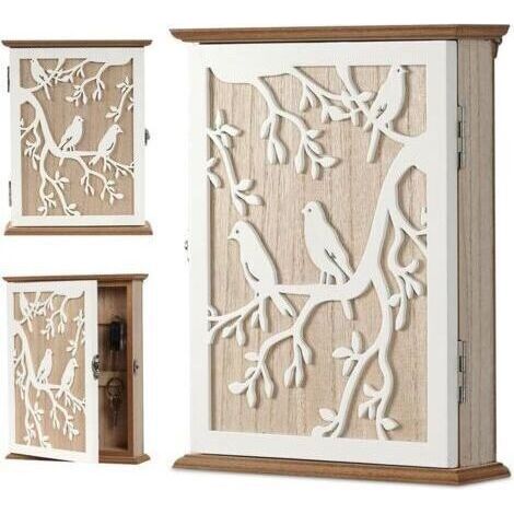 Boîte à Clés en Bois, Boite a Clef Decorative Armoire a Clef Murale avec 6 Crochets à Clés, pour Entrée, Chambre, Couloir, Garages, Bureaux -Blanc Vintage 26,5 x 20 x 6 cm (1/4)