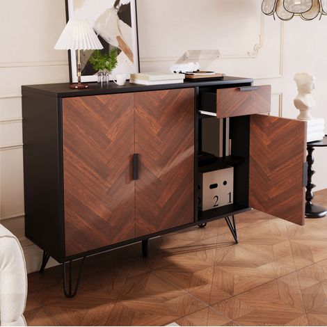 MEUBLIV Buffet de rangement noir et décor bois 90 x 30 x 71,5 cm avec tiroir et étagères réglables (1/5)