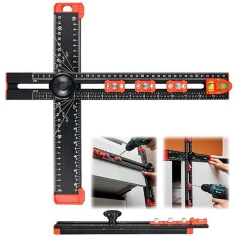 Règle de positionnement de perçage 4 en 1 en aluminium avec double niveau à bulle - Longueur et angle réglables - Pour la construction d'étagères et de meubles
