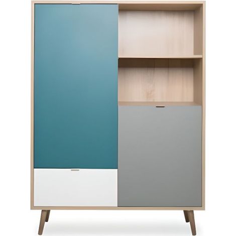 Buffet haut - Chene Sonoma, blanc, gris et bleu - Style scandinave - CUBA - L 103 x P 40 x H 139 cm (1/5)