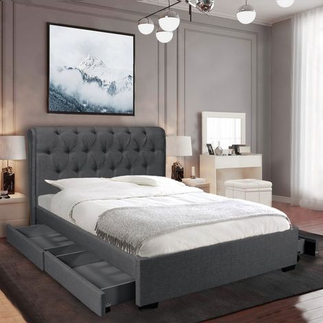Bett CHELSEA 140x190 + 4 Schubladen + Bettkasten / Dunkelgrau/ 208x155x116 cm