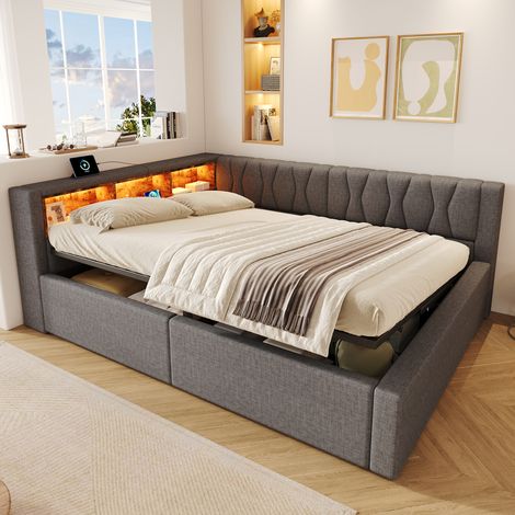 Lit banquette coffre 140x200cm avec rangement hydraulique Lit double avec étagère,LED dimmable et USB,lin et MDF,gris (1/5)