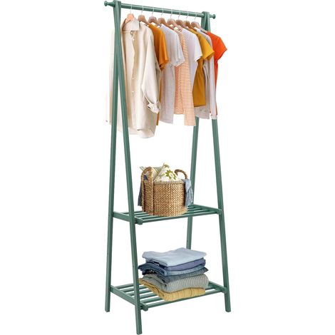 Portant à vêtements, Penderie à vêtements, Portemanteau avec 2 étagères de rangement pour chaussures, boîte, cadre métallique, gain de place, pour chambre, entrée, bureau, vert, 66 x 40 x 160 cm (1/5)
