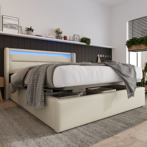 Bett mit Stauraum PU Weiß 160x200 cm, Polsterbett mit LED-Kopfteil und hochklappbarem Lattenrost (1/5)
