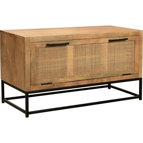 Banc à chaussures vintage en bois de manguier massif et rotin Candice (1/5)