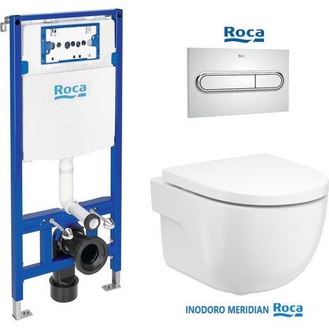 Bâti-support ROCA Duplo pack réservoir encastrable et plaque PL1 Chrome Brillant avec WC suspendu ROCA Meridian Blanc 48 cm (1/3)