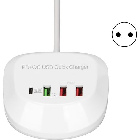 Chargeur USB Multiprise 4 Ports PD QC3.0 100-240V, Hub Chargeur Rapide Polyvalent avec Fiche UE (1/5)