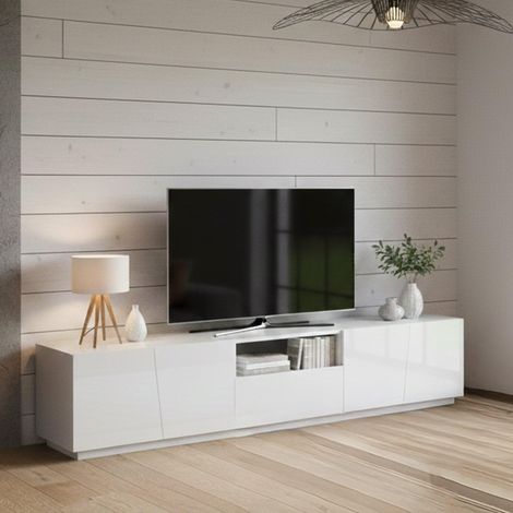 Meuble TV Paul, Buffet bas de salon, Base pour meuble TV, 220x43h46 cm, Blanc brillant, avec lumière LED (1/5)