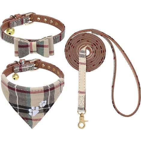 Ensemble Collier et Laisse pour Chien – Collier Bandana Classique à Carreaux avec nœud Papillon et Empreinte de Patte pour Chien avec Jolie Clochette, sans nœuds, Colliers réglables (1/5)