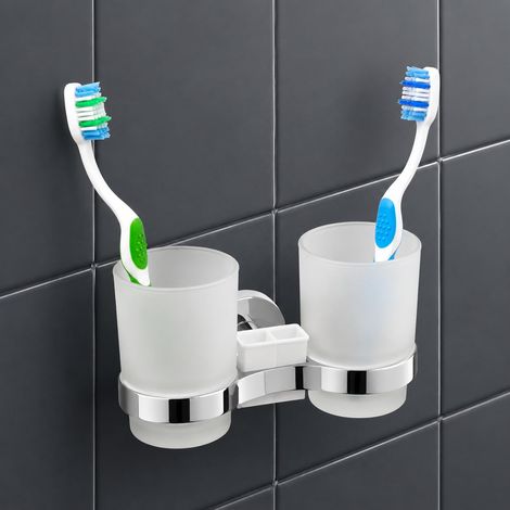 Porte-Brosse à Dents Autocollant Mural avec Double Verre – Pas Besoin de perçage – Design Moderne – élégant Porte-brosses à Dents et Dentifrice - Coller Salle Bain, Douche - Support Chromé (1/5)