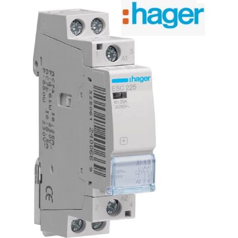 Hager – Contacteur bipolaire 2NO 25A – Bobine 230Vca – Indicateur d'état – 1 module 18mm sur rail DIN