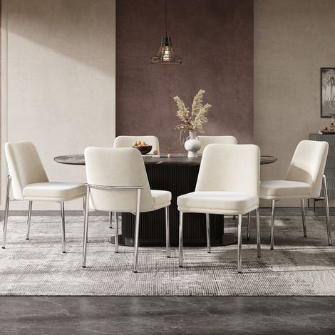 Lot de 6 chaises de salle à manger - Avec coussins d'assise rembourrés - Pieds en métal - Structure argentée - Tissu en velours - Beige (1/5)