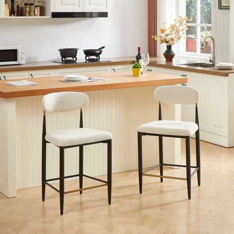 Tabouret de bar en tissu beige, structure noir et café, dossier ergonomique courbé et repose-pieds intégré,51×50×94cm (1/5)